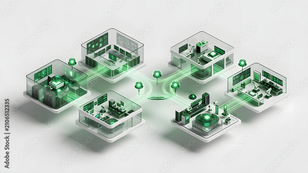 Fototapeta premium Interconnected smart homes with digital connections symbolizing a connected network and technology.