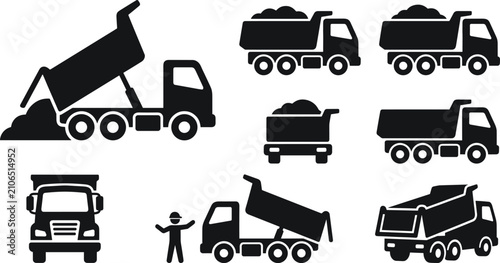 Foto Heavy dump truck silhouette icons collection featuring tipper vehicles and const