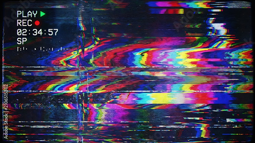 Retro VHS Rainbow Glitch Screen with Analog TV Static Background
