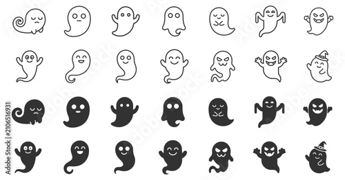 Fotografie Set of outlined and filled ghost icons in various expressions and poses, vector