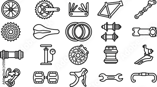 Bicycle spare parts and repair tools thin line icons set featuring chain pump wheel and handlebar elements,