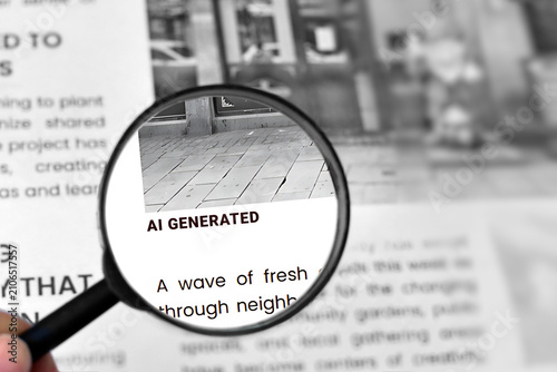 Magnifying glass highlighting AI Generated text in newspaper article as concept for detecting fake news and identifying AI images