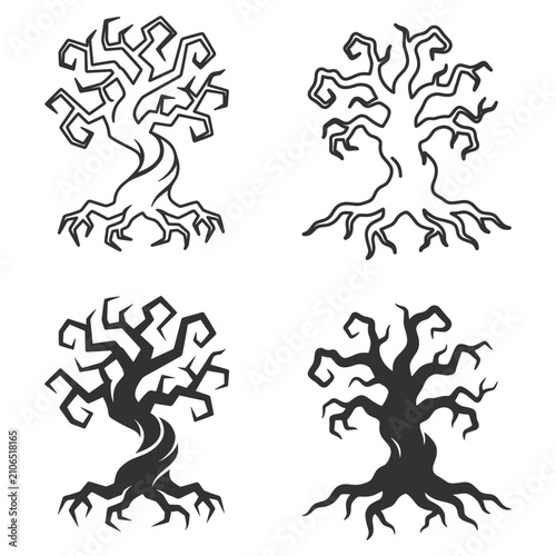 Obraz na płótnie set of four stylized dead tree illustrations black silhouettes vector art on tra