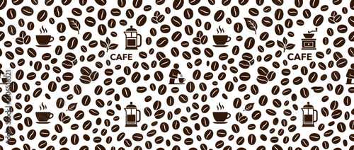 Konstfotografi Coffee Beans Pattern with Cafe Symbols and Hot Drinks