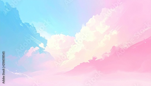 Dreamy pastel skyscape with soft, fluffy clouds blending soft pinks, blues, and light yellows in painterly style