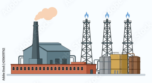 Konstfotografi Industrial complex with smokestack and oil derricks a colorful vector illustrati