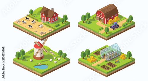 Картината върху платно Isometric farm scenes depict rural landscapes with buildings livestock and culti