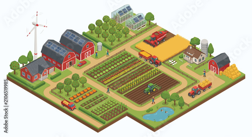 Foto Isometric farm scene depicts agricultural land buildings and machinery in a deta