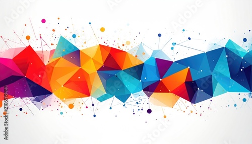 Abstract geometric design with vibrant colors and intricate network of lines and dots on a clean, white backdrop
