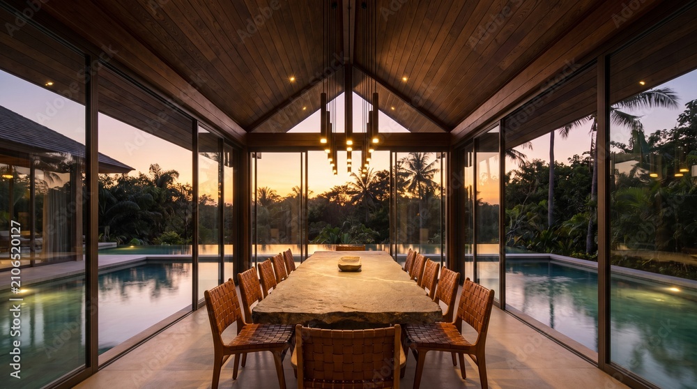 Fototapeta premium Luxury Modern Tropical Villa Dining Pavilion with Infinity Pool at Sunset, Elegant Open Concept Architecture