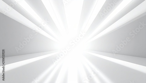 Abstract glowing tunnel with radiating beams of light on either side of a stark white architectural space