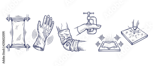 Bild auf Leinwand Material science testing icons set illustrating physical properties, tensile strength, tactile haptic gloves, pressure clamp tests, and impact analysis in a clean hand-drawn line art sketch style