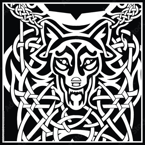 Fotografia Symmetrical Viking wolf knotwork with Norse interlace ornament, black and white