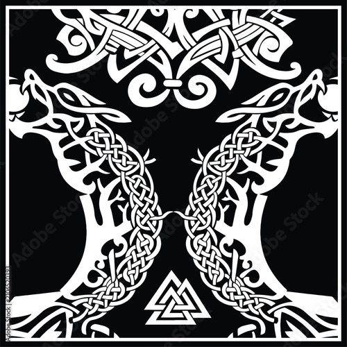 Canvas Print Symmetrical Viking wolf knotwork with Norse interlace ornament, black and white