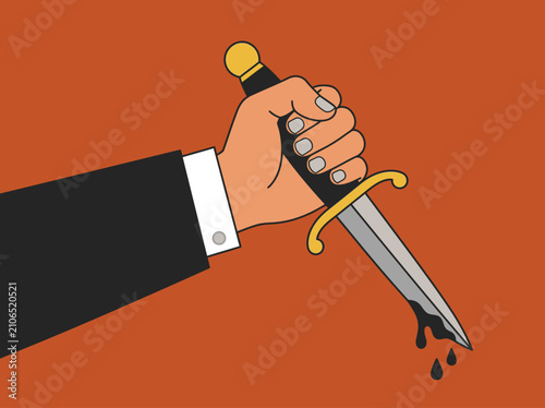 Bild auf Leinwand Businessman Hand Holding Dagger with Dripping Ink, Corporate Betrayal Concept