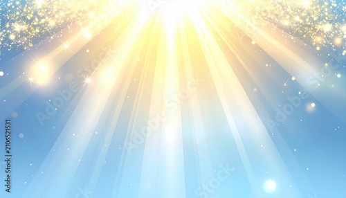 A radiant burst of golden light and sparkles descends from above against a soft, light blue background