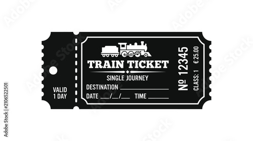 Black train ticket with locomotive illustration isolated on white background