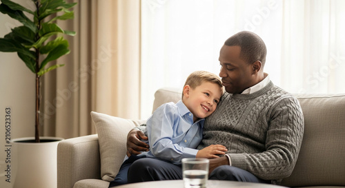 Father and son embracing on a sofa, symbolizing family love and bonding. A plant adds a touch of nature to the scene.