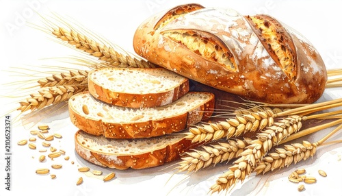 Watercolor depiction of a rustic loaf of bread, sliced, with wheat stalks and grains scattered around. Realistic, appetizing, and warm-toned
