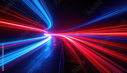 A vibrant, abstract composition featuring streaks of red and blue light converging in a dynamic, tunnel-like design against a dark backdrop