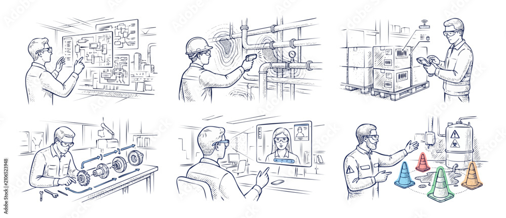 Obraz premium Industrial augmented reality smart glasses used by workers in factory setting, featuring engineers interacting with virtual interfaces for logistics scanning, machinery maintenance and safety training