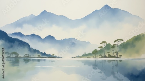 Serene Mountain Landscape with Soft Mist and Tranquil Waters