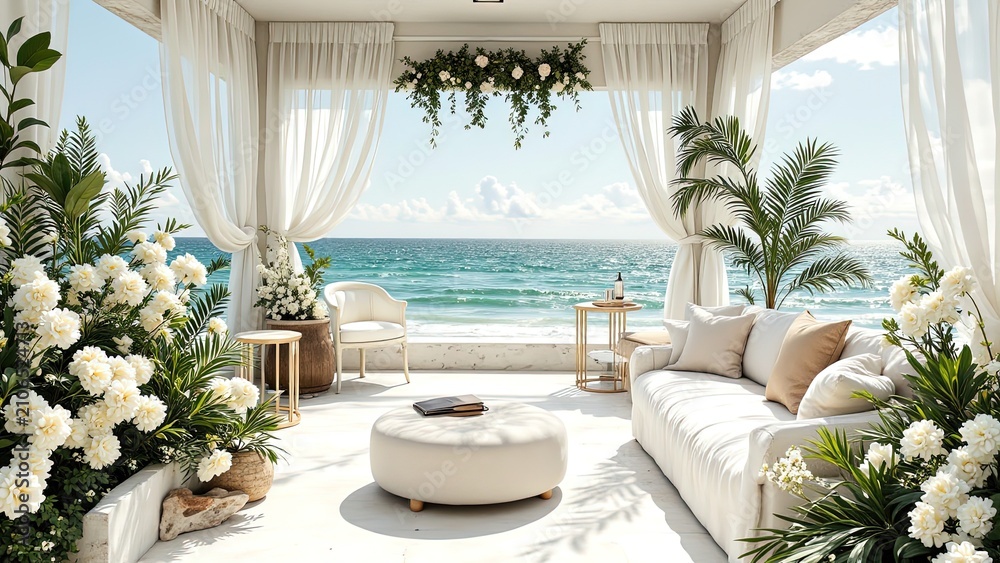 Fototapeta premium Serene Beachside Lounge with Tropical Plants and Ocean View