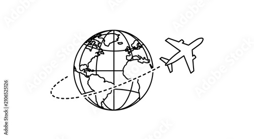 Globe with airplane and flight path black line silhouette