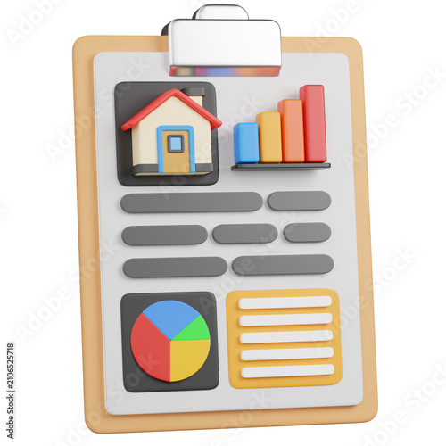 3D render Clipboard with Real Estate Data Report Isolated icon 
