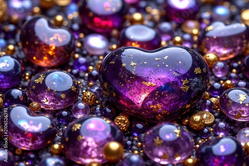 Heart-Shaped Gems with Glittering Gold in Enchanting Purple Display