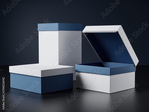 Three cardboard presentation boxes, two closed and one open. Each shows white exterior with blue interiors and lids, set against a dark backdrop