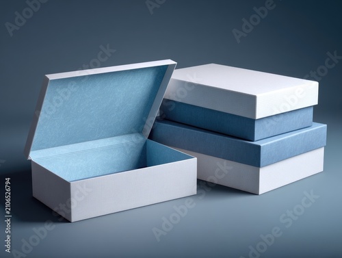 Three stacked rectangular boxes with lids. The first is open showing a blue interior, other two stacked boxes are closed
