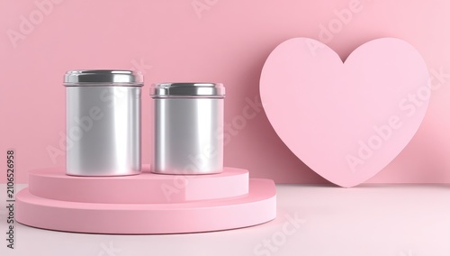 Two cylindrical silver containers with metallic lids sit on a pink stepped platform in front of a giant heart cutout. The scene is minimalist