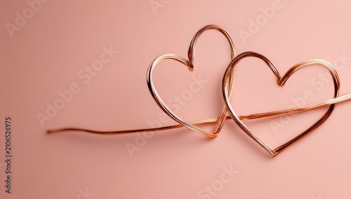 Two delicate, wire-formed hearts intertwined against a soft, muted rose-colored background, creating a romantic visual