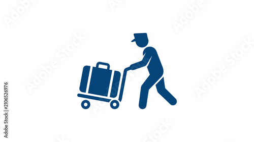 Canvas Print Man pushing luggage cart quickly outside.