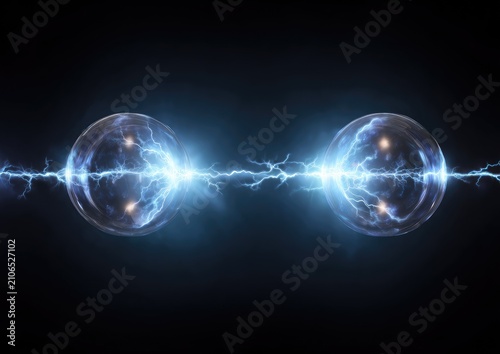 Two glowing spheres connected by bolts of electrical energy against a dark, slightly blurred background, creating an abstract display