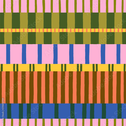 Striped seamless pattern, mixed prints, patchwork style bands. Colorful retro...