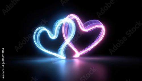 Two intertwined heart shapes, rendered with glowing neon lines in blue and pink, against a black backdrop, reflecting off the surface