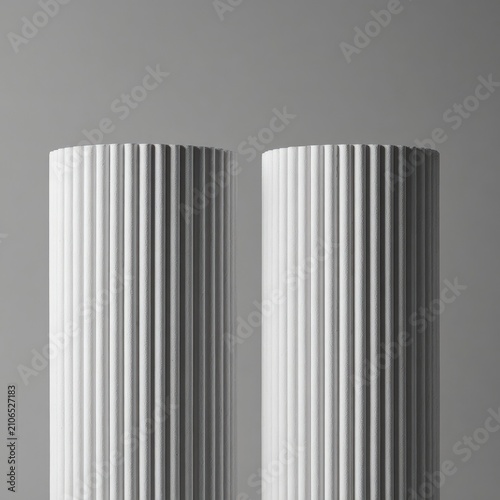 Two identical vertical objects, possibly pillars or cylinders, against a monochrome gray backdrop, ribbed texture