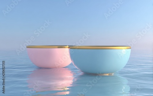 Two minimalist bowls, one pink and one blue, with gold rims, float on a rippling, reflective surface under a gradient sky