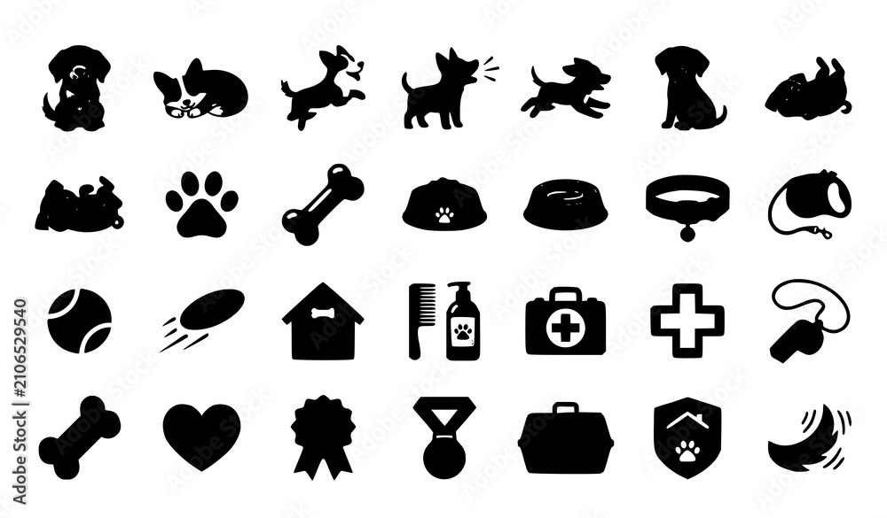 Obraz premium Cute Cartoon Dogs Icon Set with Pet Accessories and Puppy Characters Vector