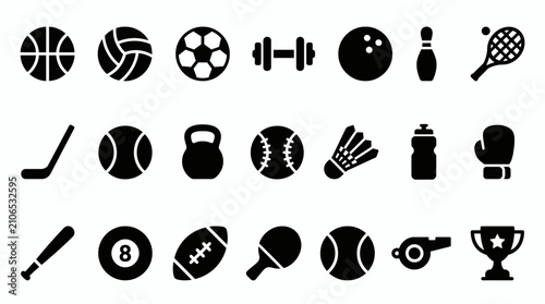 Professional sports and fitness equipment glyph icon set featuring balls, rackets, weights, and trophies for athletic training and competition themes.