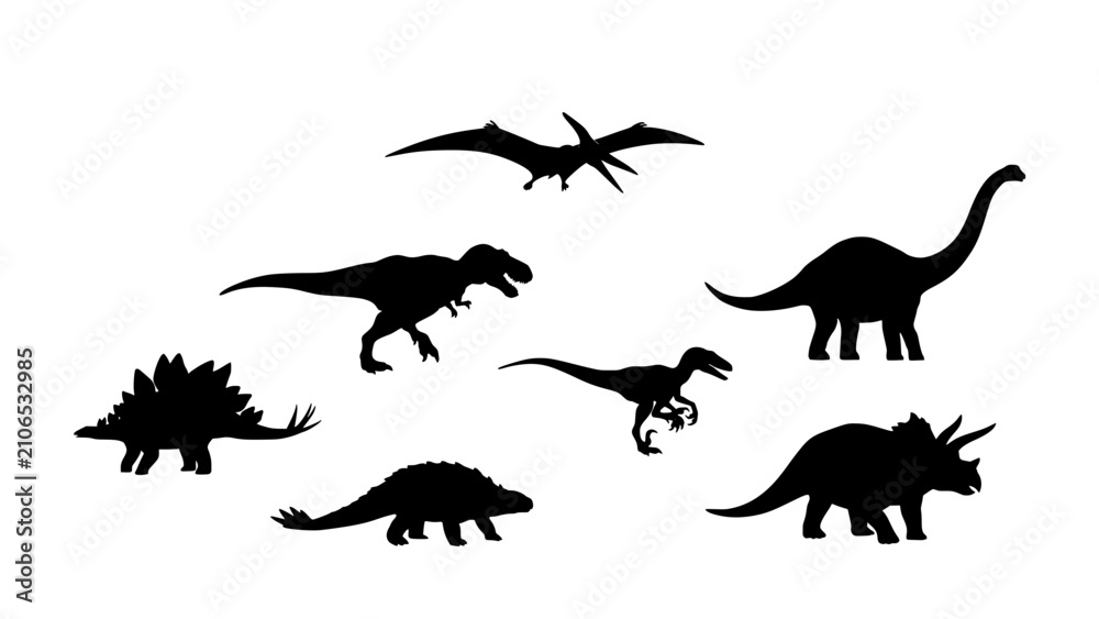 Obraz premium Dinosaurs Silhouettes Set of Prehistoric Creatures in Black Vector Shapes for Educational and Design Use