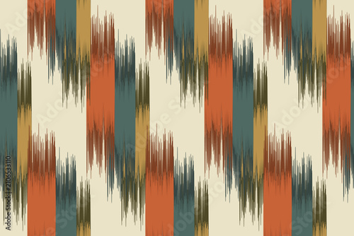 Seamless Ikat Ethnic Vertical Striped Pattern in Earth Tones and Teal - Traditional Tribal Textile Print for Fabric, Wallpaper, Fashion, and Modern Packaging. Bold Graphic Seamless Surface Design. 