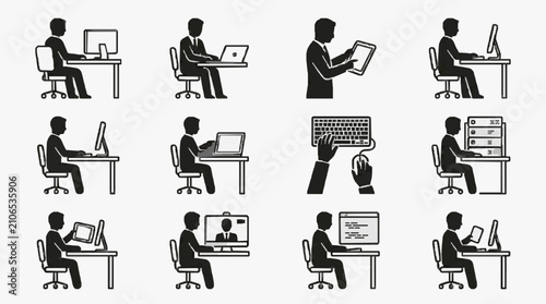 Foto Elegant Black and White Illustrations of Professionals Engaged in Various Comput