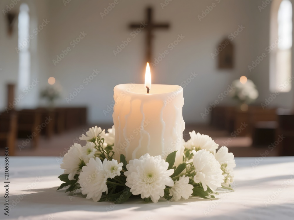 Obraz premium Minimalist Funeral Candle Close-Up with Soft Floral Background, Western Memorial Scene