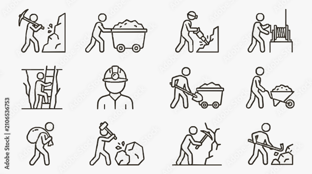 Fototapeta premium Elegant Black and White Line Drawing Set of Construction Worker Safety and Labor Icons with high quality professional line art symbols for modern creative design and digital branding projects