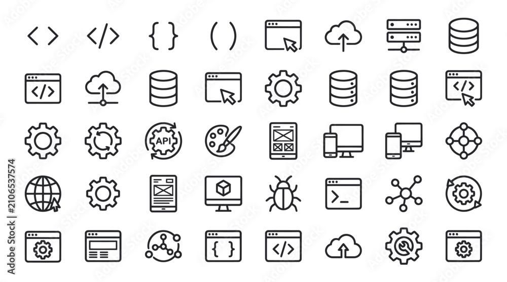 Fototapeta premium Software development and computer programming line icon set.