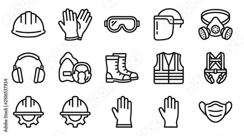 фотографія Personal protective equipment safety gear outline icons.