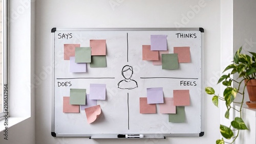 Empathy map drawn on a whiteboard with colourful sticky notes in a bright office, user research and design thinking workshop
